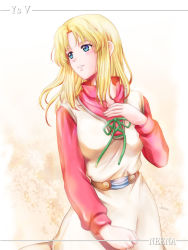 Rule 34 | 1girl, blonde hair, blue eyes, dress, hand on own chest, highres, niena (ys), simple background, smile, solo, swept bangs, xiacheng tatsuya, ys, ys v: kefin the lost city of sand