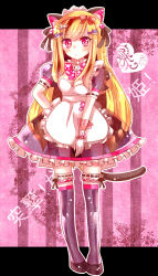 Rule 34 | 1girl, :d, animal ears, apron, beatmania, beatmania iidx, black thighhighs, blonde hair, bow, bowtie, breasts, character name, cleavage, fake animal ears, frilled apron, frilled skirt, frilled thighhighs, frills, gloves, hair ornament, hairband, hairclip, hand on own hip, heart, leaning forward, long hair, looking at viewer, maid, maid apron, maid headdress, ogaomega, open mouth, pink background, polka dot, polka dot bow, red eyes, semi-transparent, short sleeves, skirt, slippers, smile, solo, striped, striped background, tail, the knee socks princess of glass, thighhighs, vertical stripes, white gloves, zettai ryouiki