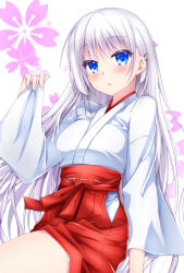 Rule 34 | 1girl, alternate costume, blue eyes, blush, breasts, cherry blossom print, chibinon, colored eyelashes, commentary request, cowboy shot, floral print, hair between eyes, hair ornament, hairclip, hakama, hakama skirt, hand up, japanese clothes, kimono, long hair, long sleeves, looking at viewer, medium breasts, miko, miko day, naruse shiroha, open mouth, red hakama, shiny skin, simple background, sitting, skirt, solo, straight hair, summer pockets, very long hair, white background, white hair, white kimono, wide sleeves