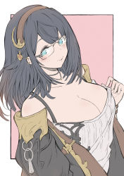 1girl absurdres black_hair blue_eyes breasts cleavage ear_piercing glasses granblue_fantasy hairband highres illnott_(granblue_fantasy) jacket large_breasts piercing shirt_tug solo taka00277657