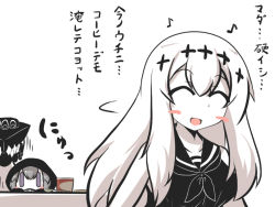 Rule 34 | 10s, 2girls, abyssal ship, aircraft carrier water oni, blush stickers, chibi, commentary request, cup, closed eyes, goma (gomasamune), hood, kantai collection, lid, monochrome, multiple girls, musical note, purple eyes, re-class battleship, sharp teeth, sketch, spoon, tail, teeth, translation request