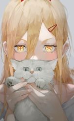 Rule 34 | 1girl, absurdres, animal, blonde hair, cat, chainsaw man, commentary request, cross-shaped pupils, hair ornament, hairclip, highres, holding, holding animal, holding cat, horns, long hair, looking at viewer, niri (eunhaha02), portrait, power (chainsaw man), red horns, shirt, solo, symbol-shaped pupils, white cat, white shirt, yellow eyes