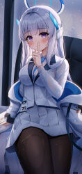 Rule 34 | 1girl, absurdres, black pantyhose, blue archive, blush, chair, desk, glass, halo, headphones, highres, id card, index finger raised, jacket, li se, looking at viewer, noa (blue archive), pantyhose, purple hair, rain, school uniform, see-through, sitting, solo, wet, wet clothes, white hair, white jacket