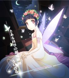 Rule 34 | 1girl, black hair, bug, butterfly, butterfly wings, character name, checkered floor, copyright name, crescent moon, dress, elbow gloves, floor, flower, gloves, hairband, highres, hpflower, insect, insect wings, looking at viewer, moon, red eyes, short hair, sitting, solo, toaru kagaku no railgun, toaru majutsu no index, translation request, uiharu kazari, wings