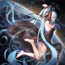 Rule 34 | 1girl, aqua eyes, aqua hair, aquarius (constellation), aries (constellation), armpits, arms up, backless dress, backless outfit, bare legs, barefoot, black dress, black ribbon, breasts, cancer (constellation), capricorn (constellation), constellation, detached sleeves, dress, earth (planet), feet, floating, floating hair, frilled dress, frills, gemini (constellation), hair between eyes, hair ribbon, hatsune miku, headset, highres, long hair, looking away, medium breasts, necktie, planet, ribbon, see-through, see-through dress, sideboob, skindentation, soles, solo, space, thighs, toes, twintails, very long hair, virgo (constellation), vocaloid, you ni ge shaobing