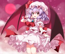 Rule 34 | 1girl, ascot, bat wings, blush, brooch, collared shirt, feet out of frame, frilled shirt collar, frilled skirt, frilled sleeves, frills, hair between eyes, hat, hat ribbon, highres, jewelry, mob cap, open mouth, purple hair, red ascot, red eyes, red ribbon, remilia scarlet, ribbon, ruu (tksymkw), shirt, short hair, short sleeves, skirt, smile, solo, touhou, white hat, white shirt, white skirt, wings, wrist cuffs