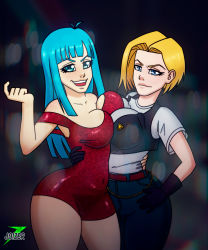 Rule 34 | 2girls, alternate breast size, android 18, artist name, artist request, bare legs, bare shoulders, blue eyes, blue hair, breast press, breasts, breasts squeezed together, cleavage, curvy, dragon ball, dragonball z, dress, earrings, gloves, grabbing, highres, hug, jewelry, large breasts, long hair, looking at viewer, maron (dragon ball), medium hair, multiple girls, naughty face, open mouth, red dress, shiny clothes, shiny skin, short dress, take your pick