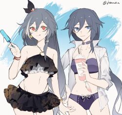 Rule 34 | 2girls, @ (symbol), alternate costume, artist name, bare shoulders, belly, bikini, black headwear, blue eyes, choker, closed mouth, collarbone, cup, dual persona, earrings, food, fu hua, fu hua (herrscher of sentience), grey hair, hair between eyes, hand on own hip, haruka (rsyaooooo), highres, holding, holding cup, honkai (series), honkai impact 3rd, jewelry, long hair, long sleeves, looking at viewer, multicolored hair, multiple girls, navel, open clothes, open shirt, popsicle, red eyes, simple background, streaked hair, swimsuit, tongue, tongue out, upper body