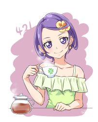 Rule 34 | 1girl, blue eyes, chocokin, clover print, collarbone, cup, dated, dokidoki! precure, earrings, head tilt, holding, holding cup, jewelry, kenzaki makoto, looking at viewer, off-shoulder shirt, off shoulder, precure, purple hair, shirt, short hair, short sleeves, signature, simple background, sitting, smile, solo, steam, teacup, upper body, white background