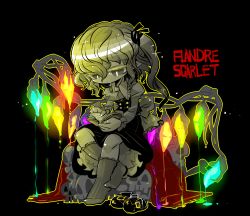 Rule 34 | 1girl, black background, book, character name, flandre scarlet, glowing, hair ribbon, open book, reading, ribbon, side ponytail, skull, solo, touhou, wings, yt (wai-tei)