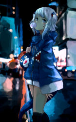 Rule 34 | 1girl, arm at side, bloop (gawr gura), blue coat, blurry, blowing bubbles, building, car, chewing gum, city, city lights, coat, cowboy shot, depth of field, drawstring, fins, fish tail, gawr gura, gawr gura (1st costume), highres, hololive, hololive english, hood, hooded coat, kneehighs, looking at viewer, medium hair, motor vehicle, multicolored hair, night, ostin0127, reflective floor, road, shark tail, skyscraper, sleeves past wrists, socks, solo, streaked hair, street, tail, two side up, virtual youtuber, wet ground, white hair