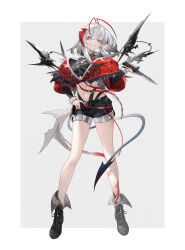 Rule 34 | 1girl, absurdres, antennae, arknights, bayonet, belt, black footwear, black shorts, black tube top, boots, commentary request, demon girl, demon horns, demon tail, full body, grey hair, highres, holding, holding knife, horns, jacket, knife, leg tattoo, legs apart, long hair, looking at viewer, navel, orange eyes, parted lips, red jacket, shorts, smile, solo, strapless, tail, tattoo, thigh belt, thigh strap, tube top, w (arknights), weapon, wis&#039;adel (arknights), zaocan nai cha