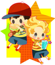 Rule 34 | 2boys, black hair, blonde hair, blue shorts, blush stickers, brown bag, burger, chibi, cup, eating, food, full body, hitofutarai, holding, holding burger, holding cup, holding food, lucas (mother 3), male focus, mother (game), mother 2, mother 3, multiple boys, ness (mother 2), nintendo, open mouth, orange footwear, red footwear, red headwear, shirt, short hair, shorts, socks, solid oval eyes, star (symbol), striped clothes, striped shirt, tomato, water, white socks