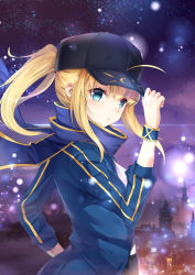 Rule 34 | 1girl, :o, absurdres, ahoge, artoria pendragon (all), artoria pendragon (fate), baseball cap, black hat, blonde hair, blue eyes, blue jacket, blue scarf, building, cloud, fate (series), from side, hair between eyes, hand on headwear, hat, highres, jacket, lights, long hair, long sleeves, looking at viewer, looking to the side, mysterious heroine x (fate), night, night sky, open clothes, open jacket, ponytail, purple sky, rojiura satsuki: chapter heroine sanctuary, saber (fate), scarf, shirt, sidelocks, sky, solo, sparkle, star (sky), starry sky, taro (ultrataro), track jacket, white shirt, wind, wristband