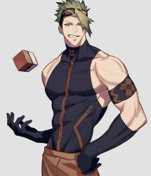Rule 34 | 1boy, abs, achilles (fate), armband, bags under eyes, black armband, black gloves, black shirt, brown eyes, cube, fate/grand order, fate (series), gloves, goggles, goggles on head, green hair, grey background, grin, haruakira, highres, large pectorals, looking ahead, male focus, mature male, muscular, muscular male, pectorals, shirt, short hair, sidepec, simple background, sleeveless, sleeveless shirt, smile, solo, undercut
