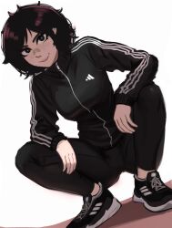 Rule 34 | 1girl, absurdres, adidas, bandaid, bandaid on face, bandaid on nose, black eyes, breasts, brown hair, commentary, dutch angle, freckles, highres, jacket, medium breasts, medium hair, original, pants, parted lips, shoes, slav squatting, smile, sneakers, solo, squatting, striped clothes, striped jacket, track jacket, track pants, track suit, veyonis, yuna (veyonis)