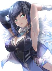 Rule 34 | 1girl, :d, armpits, arms behind head, arms up, asymmetrical gloves, bad id, bad twitter id, bare shoulders, black hair, blue dress, blue hair, blush, bob cut, breasts, cleavage, cleavage cutout, clothing cutout, diagonal bangs, dice, dress, earrings, fur-trimmed jacket, fur trim, genshin impact, gloves, green eyes, izumi akane, jacket, jacket on shoulders, jewelry, large breasts, long sleeves, looking at viewer, mismatched gloves, mole, mole on breast, multicolored hair, neck ring, open mouth, pelvic curtain, revision, short hair, smile, solo, tassel, two-tone hair, upper body, white background, white jacket, yelan (genshin impact)