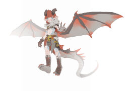 Rule 34 | 1boy, absurdres, animal feet, animal hands, barefoot, black horns, blue eyes, claws, dragon boy, dragon horns, dragon tail, dragon wings, from below, full body, fur collar, grey wings, grin, highres, horns, lirenans, looking at viewer, male focus, medium hair, monster boy, original, pointy ears, red hair, sharp teeth, shoulder pads, simple background, smile, solo, standing, tail, teeth, v, walking, white background, wings