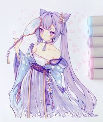 Rule 34 | 1girl, absurdres, anny (yoai), bare shoulders, blush, chinese clothes, choker, closed mouth, collarbone, commentary, cone hair bun, dress, falling petals, feathers, flower, genshin impact, hair bun, hand fan, hanfu, highres, holding, holding fan, keqing (genshin impact), looking at viewer, marker (medium), nail polish, off-shoulder dress, off shoulder, paper fan, petals, pink nails, purple choker, purple dress, purple eyes, purple feathers, purple hair, purple theme, solo, tassel choker, traditional media, twintails, white flower