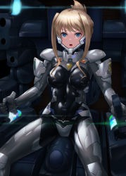 Rule 34 | 1girl, armor, blue eyes, bodysuit, breasts, cockpit, covered navel, crotch plate, folded ponytail, fortified suit, highres, ilfriede von feulner, kurione (zassou), large breasts, long hair, muv-luv, muv-luv alternative, open mouth, pilot suit, shoulder armor, sitting, skin tight, solo, the euro front