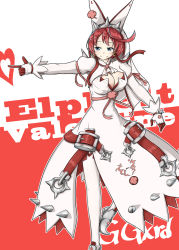 Rule 34 | 1girl, ahoge, arc system works, ardi, blue eyes, blush, breasts, bridal veil, character name, cleavage, clover, dress, elphelt valentine, female focus, four-leaf clover, gloves, guilty gear, guilty gear xrd, hairband, highres, large breasts, pointing, red hair, ribbon, shoes, short hair, smile, solo, spikes, thighhighs, veil, wedding dress, white dress