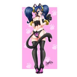 Rule 34 | 1girl, animal ears, animal hands, artist request, black panties, blue eyes, blue hair, blush, bra, bracelet, breasts, cat ears, cat lingerie, cat paws, crying, curvy, dated, embarrassed, erika-chan, fake tail, fang, full body, highres, jewelry, long hair, looking back, medium breasts, meme attire, midriff, navel, open mouth, panties, puffy sleeves, revealing clothes, shirt, short sleeves, side-tie panties, smile, standing, tail, thong, twintails, underwear, underwear only, white shirt, wide hips
