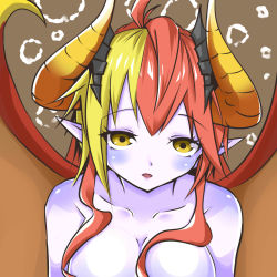 Rule 34 | blue skin, colored skin, demon, hera (p&amp;d), highres, horns, image sample, pixiv sample, puzzle &amp; dragons, red hair, resized, wings, yellow eyes