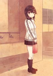 Rule 34 | 1girl, :o, bag, black socks, blue eyes, brown hair, gift, hayasui (kancolle), highres, holding, holding gift, jacket, kantai collection, kneehighs, legs together, loafers, long sleeves, looking at viewer, miniskirt, nagidango, paper bag, pleated skirt, polka dot, school uniform, shade, shadow, shoes, short hair, skirt, socks, solo, stairs, standing, turtleneck, v arms, valentine, waiting, wall, water pipe