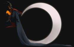Rule 34 | 1girl, amber (gemstone), black background, black dress, cape, closed mouth, crescent moon, dress, elden ring, floating, from side, gem, hat, highres, holding, long sleeves, mantou kyn, moon, profile, rennala queen of the full moon, seiza, simple background, sitting, solo, very long cape, wizard hat