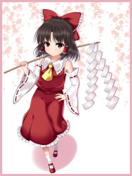 Rule 34 | 1girl, ascot, bow, brown eyes, brown hair, detached sleeves, gohei, hair bow, hair tubes, hakurei reimu, hand on own hip, highres, light frown, long hair, mary janes, over shoulder, ribbon, shoes, solo, touhou, u2 (5798239)