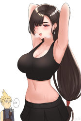 Rule 34 | 1boy, 1girl, 1nilla&#039;, absurdres, armpits, arms behind head, arms up, blonde hair, blush, breasts, brown hair, cloud strife, crop top, earrings, english text, final fantasy, final fantasy vii, final fantasy vii remake, half-closed eyes, heavy breathing, highres, jewelry, large breasts, long hair, low-tied long hair, navel, one-punch man, open mouth, parody, pleated skirt, red eyes, skirt, speech bubble, spiked hair, sweat, text focus, tifa lockhart, undershirt