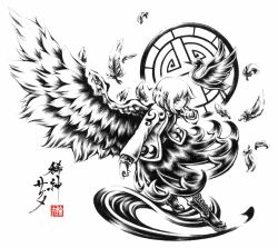 Rule 34 | 1girl, angel wings, bird, boots, bow, braid, calligraphy brush (medium), crane (animal), dress, feathered wings, feathers, finger to mouth, french braid, full body, greyscale, jacket, kishin sagume, link163353, long sleeves, monochrome, round window, short hair, signature, simple background, single wing, smile, solo, text focus, touhou, traditional media, translation request, white background, window, wings