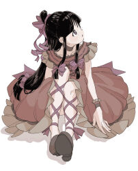 Rule 34 | 1girl, ace attorney, alternate costume, ankle lace-up, black hair, blunt bangs, bow, cross-laced footwear, dress, frills, full body, hair ornament, highres, long hair, looking up, maya fey, omen hohoho, parted bangs, purple bow, red dress, shoe soles, shoes, sidelocks, simple background, sitting, solo, white background, wrist cuffs