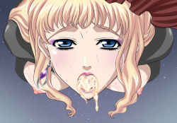 Rule 34 | 1girl, blonde hair, blue eyes, breasts, breasts out, crying, crying with eyes open, cum, cum in mouth, earrings, eyelashes, eyeshadow, female focus, jewelry, lips, lipstick, looking at viewer, macross, macross frontier, makeup, nipples, open mouth, purple eyeshadow, sheryl nome, tears, vogue