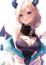 Rule 34 | 1girl, 5to rai, absurdres, bare shoulders, bat tattoo, blonde hair, blue eyes, blush, braid, breast tattoo, breasts, cleavage, cleavage cutout, closed mouth, clothing cutout, demon girl, demon horns, demon wings, earrings, heart, heart necklace, highres, hololive, horns, jacket, jewelry, large breasts, looking at viewer, medium hair, necklace, off-shoulder jacket, off shoulder, pointy ears, ribbed sweater, simple background, sleeveless, sleeveless turtleneck, smile, solo, sweater, tattoo, turtleneck, turtleneck sweater, virtual youtuber, white background, white jacket, wings, yuzuki choco, yuzuki choco (streetwear)