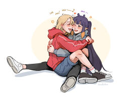 Rule 34 | 2girls, alternate hairstyle, black leggings, blush, cheek-to-cheek, closed eyes, commentary, denim, denim shorts, doodlefox, flower (symbol), full body, grey hoodie, happy, heads together, heart, highres, hololive, hololive english, hood, hoodie, hug, knees up, leggings, long hair, looking at another, multiple girls, ninomae ina&#039;nis, one eye closed, open mouth, pointy ears, ponytail, purple eyes, red hoodie, shadow, shoes, short hair, shorts, sitting, sneakers, very long hair, virtual youtuber, watson amelia, white background, yuri