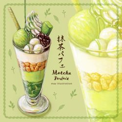 Rule 34 | acrylic paint (medium), commentary request, drawing, drink, english text, food, food focus, green background, green theme, layered drink, matcha (tea), may illust5, mochi, no humans, original, painting (medium), still life, syrup, tagme, traditional media, translation request, wafer stick