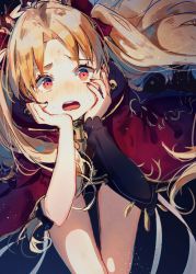 Rule 34 | 1girl, blonde hair, blush, bow, cloak, cowboy shot, ereshkigal (fate), fate/grand order, fate (series), floating hair, hair bow, hands on own cheeks, hands on own face, leaning forward, long hair, looking at viewer, nail polish, nakaba (mode), open mouth, parted bangs, purple bow, red eyes, single sleeve, solo, teeth, thigh gap, thighs, tiara, tohsaka rin, twintails, very long hair, wavy mouth
