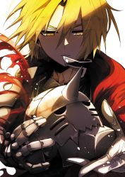 Rule 34 | 1boy, alphonse elric, blonde hair, edward elric, expressionless, fullmetal alchemist, gloves, helmet, highres, long hair, looking down, male focus, md5 mismatch, single mechanical arm, prosthesis, prosthetic arm, resized, shunnyun, solo, torn clothes, yellow eyes
