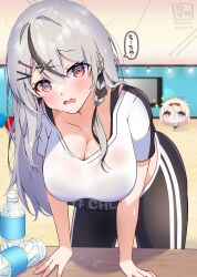 Rule 34 | 2girls, @ @, absurdres, bent over, black hair, black pants, black shorts, bottle, braid, breasts, character name, cleavage, crop top, grey hair, hair ornament, hairpin, highres, hololive, hololive dance practice uniform, kazama iroha, large breasts, looking at viewer, multicolored hair, multiple girls, official alternate costume, pants, red eyes, sakamata chloe, satsuki (pixiv 742410), shoes, shorts, single braid, streaked hair, television, virtual youtuber, water bottle, white footwear, x hair ornament, yoga pants