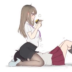 Rule 34 | 13o, 2girls, brown hair, food, food request, holding, holding food, lanyard, lying, multiple girls, on back, original, pantyhose, parted lips, sitting, sitting on face, sitting on person, stomach growling, yuri