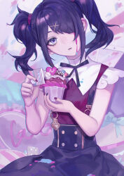 Rule 34 | 1girl, ame-chan (needy girl overdose), anmaki, black hair, black nails, black ribbon, black skirt, bleeding from forehead, blood, collared shirt, cupcake, expressionless, food, hair ornament, hair over one eye, hair tie, hairclip, hands up, head tilt, heart, heart-shaped pillow, highres, holding, holding food, holding razor, long hair, looking at viewer, multicolored nails, nail polish, neck ribbon, needy girl overdose, parted lips, pillow, pink blood, purple eyes, razor, razor blade, red nails, red shirt, ribbon, shirt, shirt tucked in, sitting, skirt, solo, suspender skirt, suspenders, twintails, x hair ornament