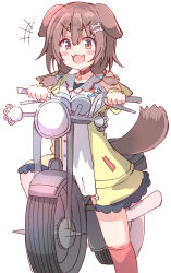 +++ 1girl :d absurdres animal_ears bad_perspective bare_shoulders blush_stickers bone_hair_ornament braid breasts cartoon_bone cleavage collar commentary_request dog_ears dog_girl dog_tail dress fangs hair_between_eyes hair_ornament hair_over_shoulder highres hololive inugami_korone inugami_korone_(1st_costume) jacket kneehighs long_hair looking_at_viewer low_twintails medium_breasts motor_vehicle motorcycle off_shoulder open_clothes open_jacket open_mouth red_collar red_eyes red_socks simple_background sleeveless sleeveless_dress smile socks solo tail thick_eyebrows twin_braids twintails umberblack v-shaped_eyebrows virtual_youtuber white_background white_dress yellow_jacket