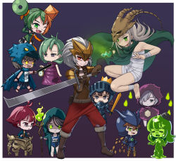 Rule 34 | 1boy, 6+girls, :d, :o, ;d, animal hood, antenna hair, armor, barefoot, belt, black hair, black hat, blue background, blue cape, blunt bangs, bowler hat, bronze automaton, brown gloves, brown hair, cape, chibi, clock, colored skin, deca (slay the spire), donu (slay the spire), double bun, gloves, green eyes, green hair, green skin, grey eyes, hair bun, hat, helmet, hexaghost, hitodama, holding, holding knife, holding staff, holding sword, holding weapon, hood, knife, mask, monster girl, moriko (moliko), multiple girls, one eye closed, open mouth, pouch, red eyes, red hair, skull on head, slay the spire, sleepy, slime (substance), slime boss, smile, staff, standing, stopwatch, sword, the awakened one, the champ (slay the spire), the collector (slay the spire), the guardian (slay the spire), the ironclad, the silent, time eater, watch, weapon, white hair, yellow eyes