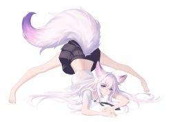 Rule 34 | 1girl, absurdres, animal ear fluff, animal ears, antenna hair, bare legs, barefoot, black skirt, breast press, breasts, closed mouth, clothing cutout, commentary request, fox ears, fox girl, fox tail, full body, hair intakes, highres, jack-o&#039; challenge, kirby d a, large tail, long hair, looking at viewer, medium breasts, miniskirt, original, pleated skirt, purple eyes, shirt, short sleeves, silver hair, simple background, skirt, smile, solo, spread legs, tail, tail through clothes, top-down bottom-up, very long hair, white background, white shirt