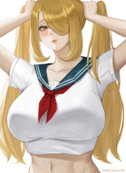 Rule 34 | 1girl, alternate costume, blonde hair, blue sailor collar, blush, breasts, creatures (company), crop top, cropped shirt, cynthia (pokemon), game freak, grey eyes, hair over one eye, highres, large breasts, long hair, looking at viewer, lsls, midriff, navel, neckerchief, nintendo, pokemon, pokemon dppt, red neckerchief, sailor collar, short sleeves, simple background, solo, twintails, white background