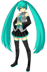 Rule 34 | 1girl, aqua hair, full body, hatsune miku, long hair, simple background, solo, standing, thighhighs, twintails, very long hair, vocaloid, yu 65026