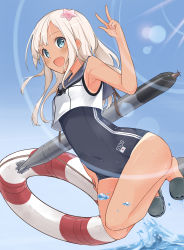 Rule 34 | 10s, 1girl, :d, absurdres, armpits, bare legs, bare shoulders, blonde hair, blue eyes, blue sky, blush, covered navel, crop top, day, flower, hair flower, hair ornament, highres, kantai collection, lens flare, lifebuoy, long hair, looking at viewer, max melon, neckerchief, one-piece swimsuit, open mouth, ro-500 (kancolle), sailor collar, school swimsuit, sky, slippers, smile, solo, swim ring, swimsuit, swimsuit under clothes, tan, tanline, torpedo, v, w, water, wet