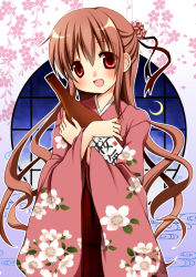 Rule 34 | 1girl, :d, bad id, bad pixiv id, blush, bottle, brown eyes, flower, hair flower, hair ornament, japanese clothes, kimono, long hair, open mouth, original, oumi neneha, red eyes, round window, sake bottle, smile, solo, wide sleeves, window
