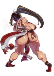 Rule 34 | 1girl, ass, ass focus, ass grab, breasts, brown hair, cameltoe, cleft of venus, fatal fury, full body, grabbing own ass, high ponytail, huge ass, large breasts, leotard, leotard under clothes, long hair, partially visible vulva, ponytail, revealing clothes, sashizume soutarou, shiny skin, shiranui mai, solo, thong, thong leotard, translation request, white background, wide hips